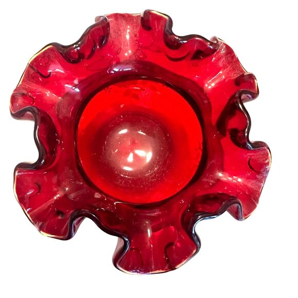 Vintage Fenton Ruby Red White Flowers Hand painted and Signed Ruffle Vase - Picture 2 of 4